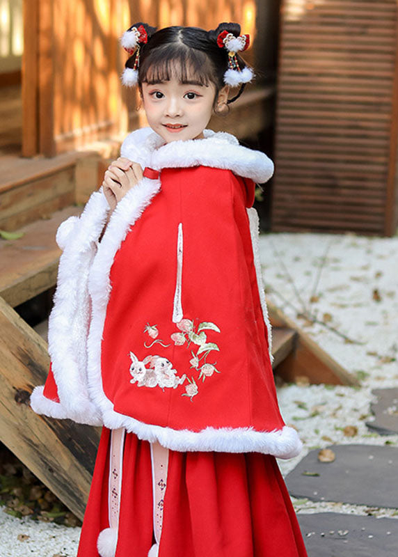 Loose Red Embroideried Kids Hooded Cloak Winter Ada Fashion