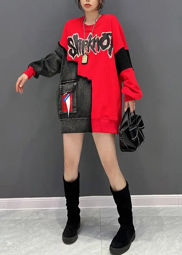 Loose Red O Neck Denim Patchwork Cotton Sweatshirts Fall Ada Fashion