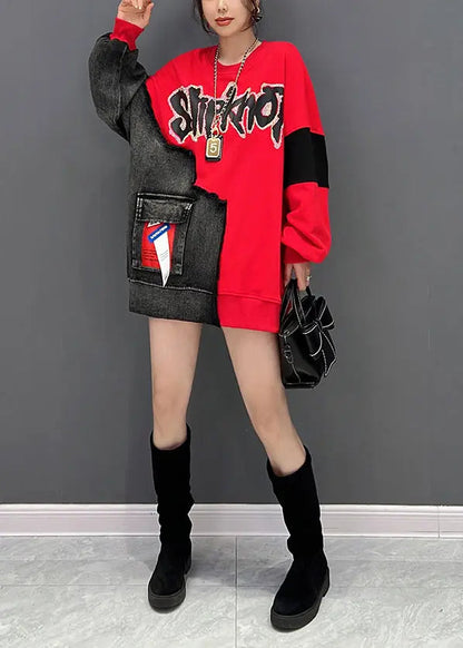 Loose Red O Neck Denim Patchwork Cotton Sweatshirts Fall Ada Fashion