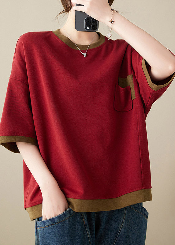 Loose Red O-Neck Patchwork Tops Half Sleeve LY4003 - fabuloryshop