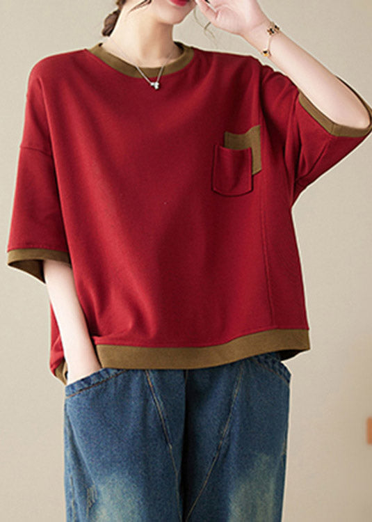 Loose Red O-Neck Patchwork Tops Half Sleeve LY4003 - fabuloryshop