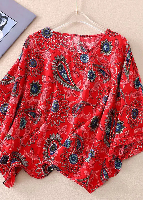 Loose Red O Neck Print Patchwork Cotton T Shirts Batwing Sleeve Ada Fashion