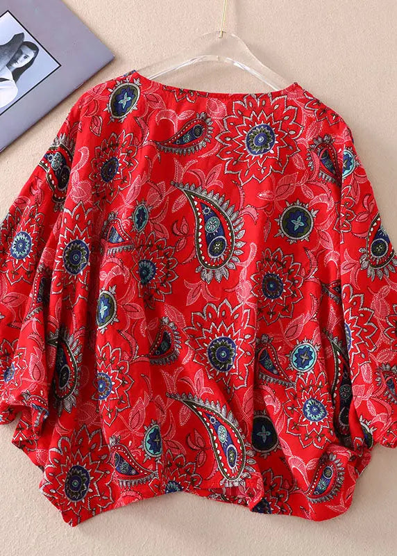 Loose Red O Neck Print Patchwork Cotton T Shirts Batwing Sleeve Ada Fashion