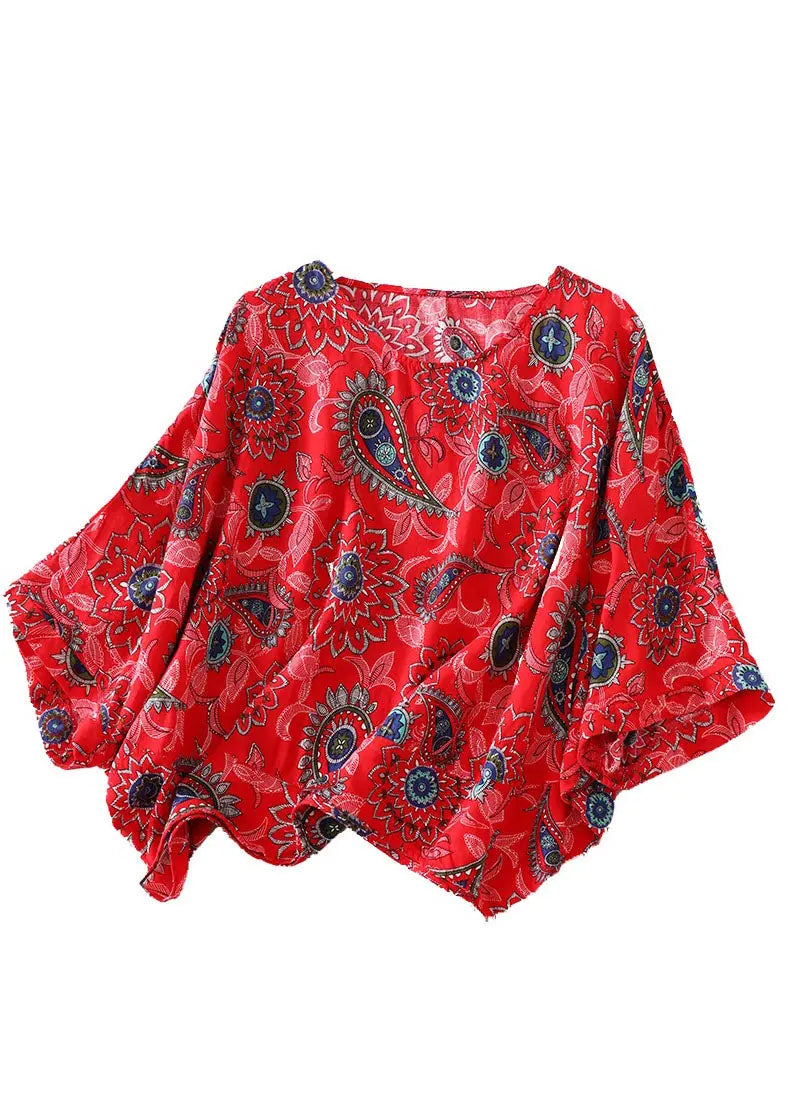 Loose Red O Neck Print Patchwork Cotton T Shirts Batwing Sleeve Ada Fashion