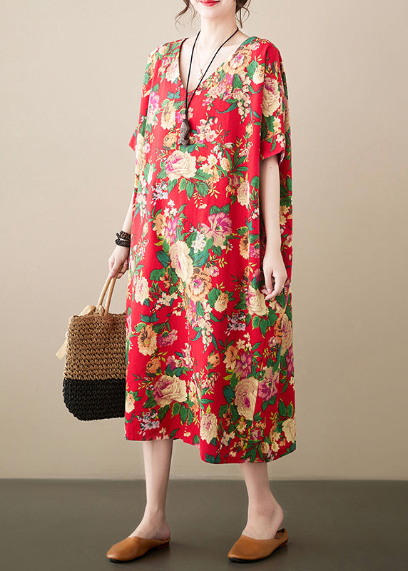 Loose Red Oversized Print Cotton Maxi Dresses Summer LY7329 - fabuloryshop