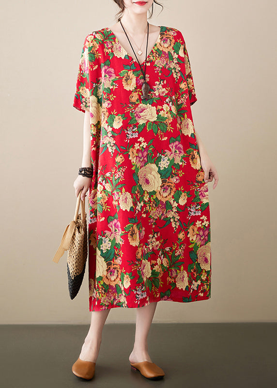 Loose Red Oversized Print Cotton Maxi Dresses Summer LY7329 - fabuloryshop