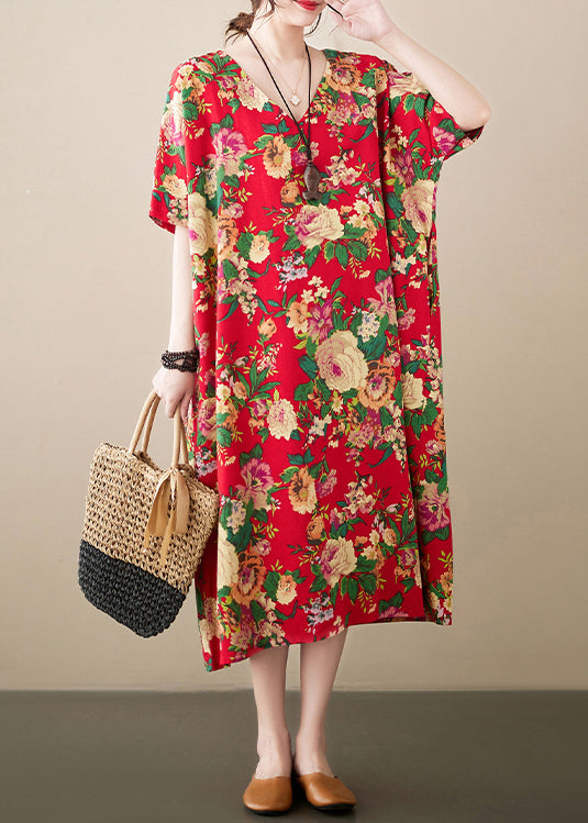 Loose Red Oversized Print Cotton Maxi Dresses Summer LY7329 - fabuloryshop