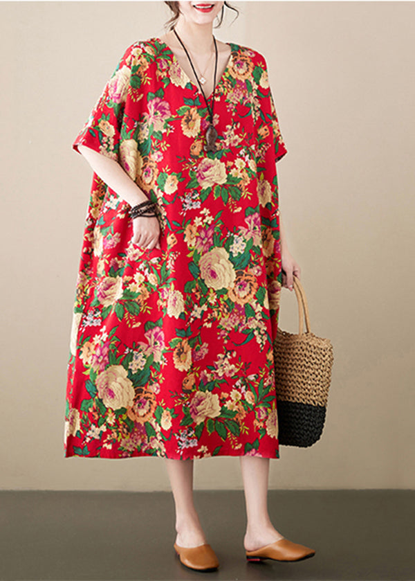 Loose Red Oversized Print Cotton Maxi Dresses Summer LY7329 - fabuloryshop