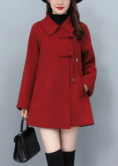 Loose Red Peter Pan Collar Button Pockets Woolen Coats Fall Ada Fashion