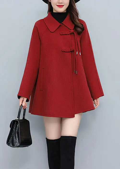 Loose Red Peter Pan Collar Button Pockets Woolen Coats Fall Ada Fashion