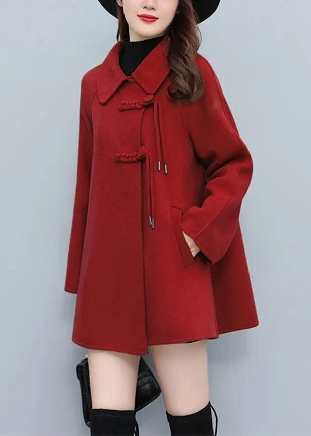 Loose Red Peter Pan Collar Button Pockets Woolen Coats Fall Ada Fashion