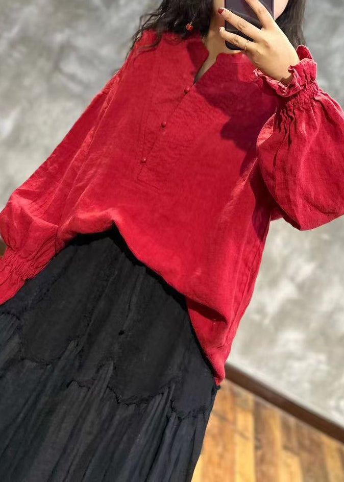 Loose Red Stand Collar Ruffled Linen Shirt Top Fall Ada Fashion