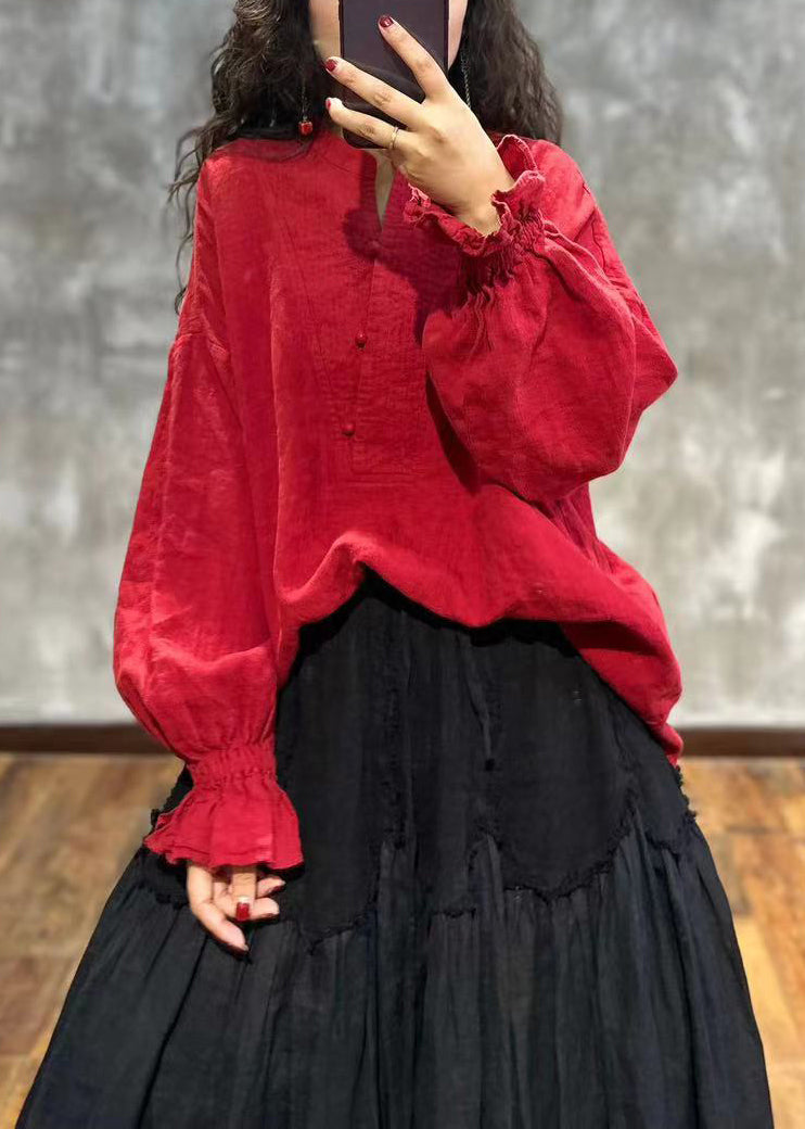 Loose Red Stand Collar Ruffled Linen Shirt Top Fall Ada Fashion