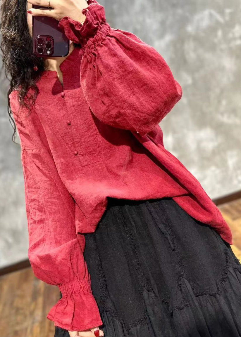 Loose Red Stand Collar Ruffled Linen Shirt Top Fall Ada Fashion