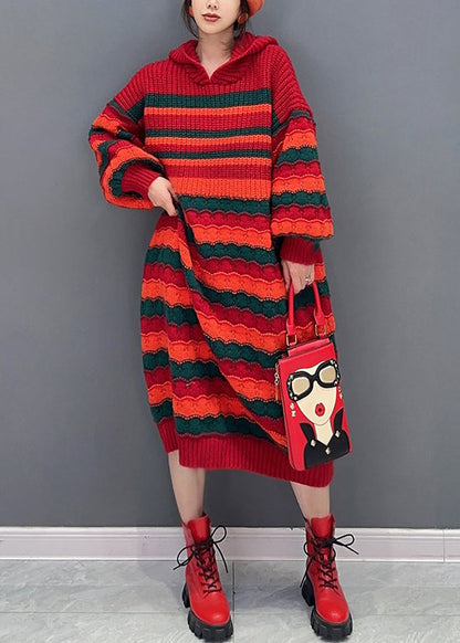 Loose Red Striped Hooded Cozy Knit Dress Long Sleeve Ada Fashion