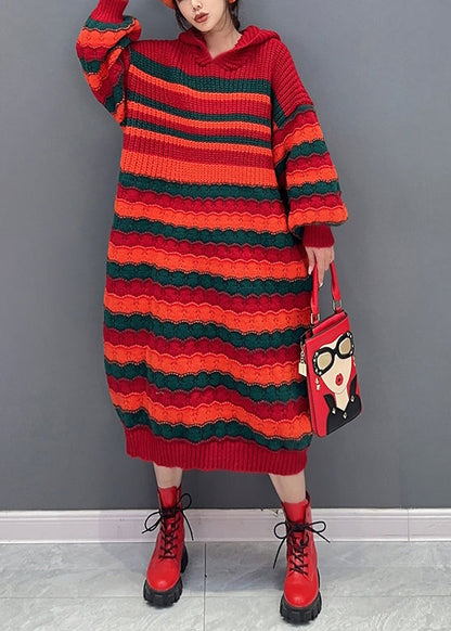 Loose Red Striped Hooded Cozy Knit Dress Long Sleeve Ada Fashion