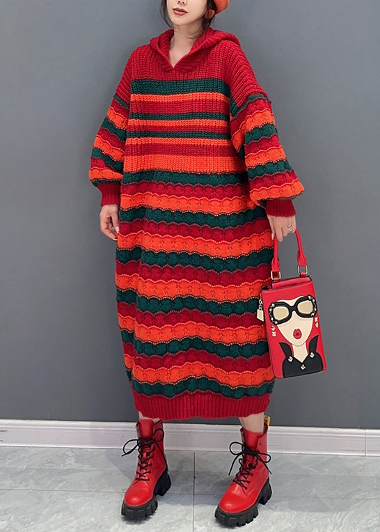 Loose Red Striped Hooded Cozy Knit Dress Long Sleeve Ada Fashion