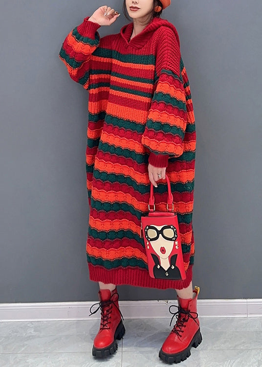 Loose Red Striped Hooded Cozy Knit Dress Long Sleeve Ada Fashion