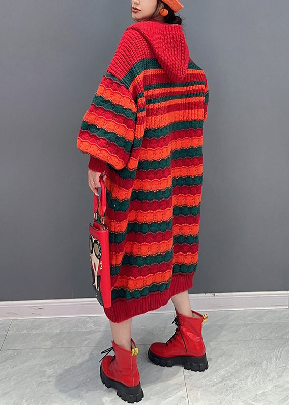 Loose Red Striped Hooded Cozy Knit Dress Long Sleeve Ada Fashion