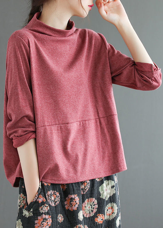 Loose Red Turtleneck Patchwork Cotton T Shirt Top Fall Ada Fashion