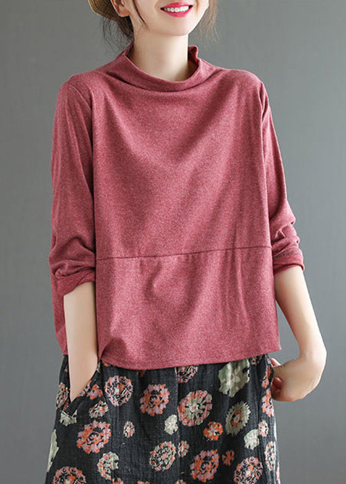 Loose Red Turtleneck Patchwork Cotton T Shirt Top Fall Ada Fashion