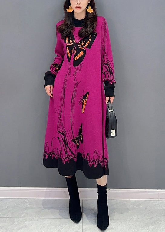 Loose Rose O-Neck Print Patchwork Knit Dresses Long Sleeve Ada Fashion