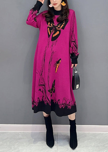 Loose Rose O-Neck Print Patchwork Knit Dresses Long Sleeve Ada Fashion