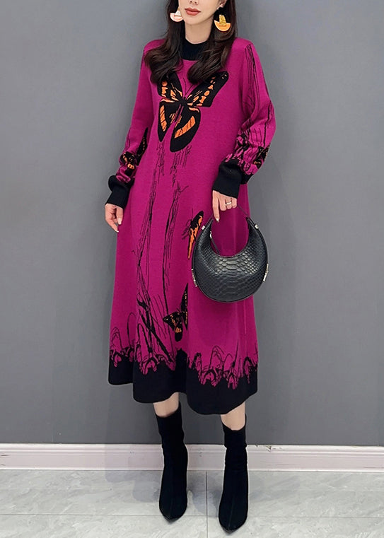 Loose Rose O-Neck Print Patchwork Knit Dresses Long Sleeve Ada Fashion