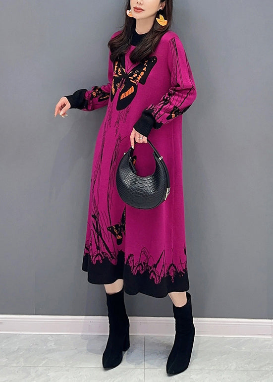 Loose Rose O-Neck Print Patchwork Knit Dresses Long Sleeve Ada Fashion