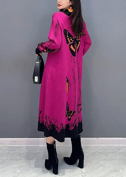 Loose Rose O-Neck Print Patchwork Knit Dresses Long Sleeve Ada Fashion