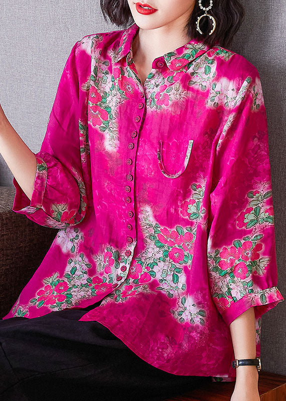 Loose Rose Peter Pan Collar Button Print Patchwork Linen Shirts Bracelet Sleeve TF1062 - fabuloryshop