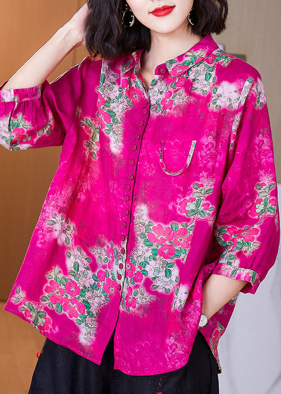 Loose Rose Peter Pan Collar Button Print Patchwork Linen Shirts Bracelet Sleeve TF1062 - fabuloryshop