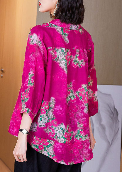 Loose Rose Peter Pan Collar Button Print Patchwork Linen Shirts Bracelet Sleeve TF1062 - fabuloryshop