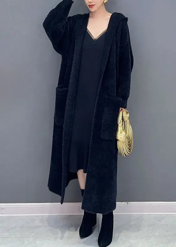 Loose Rose Pockets Knitted Cotton Thread Long Hooded Coat Fall Ada Fashion