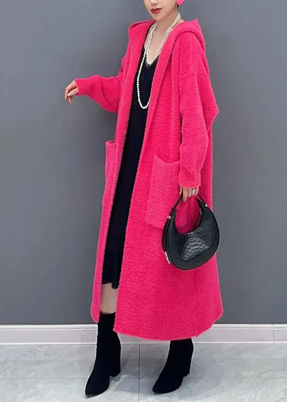 Loose Rose Pockets Knitted Cotton Thread Long Hooded Coat Fall Ada Fashion