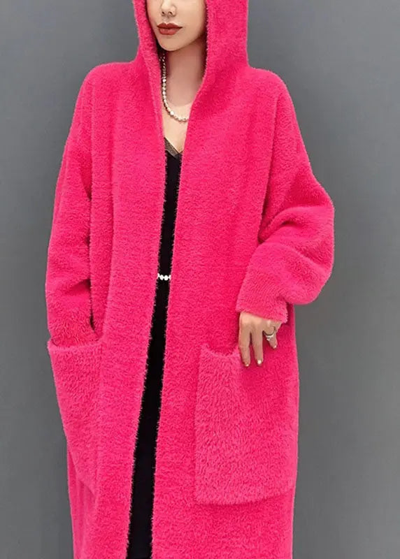 Loose Rose Pockets Knitted Cotton Thread Long Hooded Coat Fall Ada Fashion