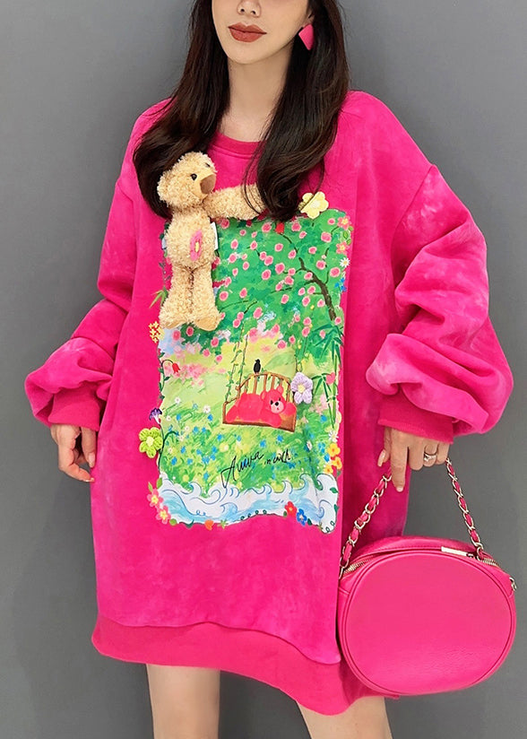 Loose Rose Print Side Open Patchwork Cotton Sweatshirt Long Sleeve Ada Fashion