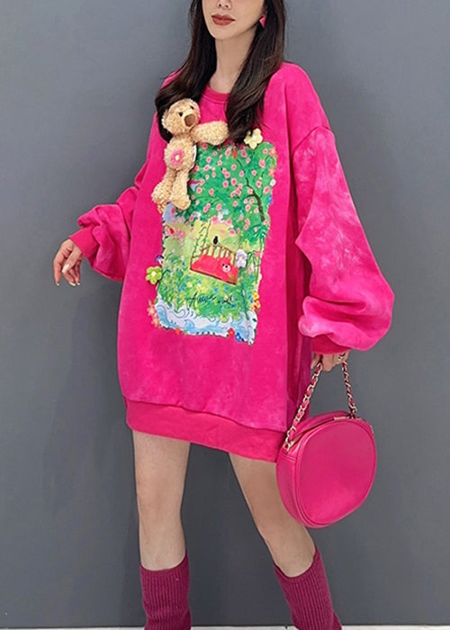 Loose Rose Print Side Open Patchwork Cotton Sweatshirt Long Sleeve Ada Fashion