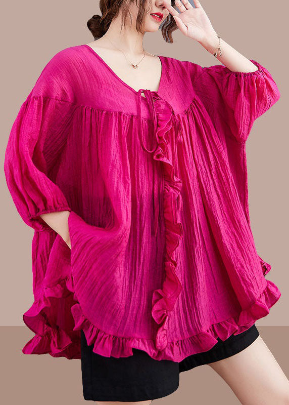 Loose Rose Ruffled Patchwork Lace Up Cotton Shirts Top Summer LY2947 - fabuloryshop