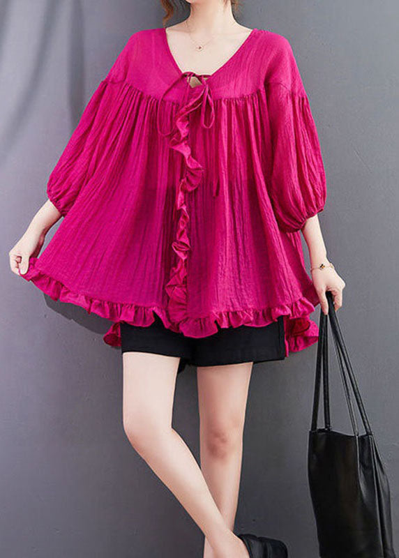 Loose Rose Ruffled Patchwork Lace Up Cotton Shirts Top Summer LY2947 - fabuloryshop