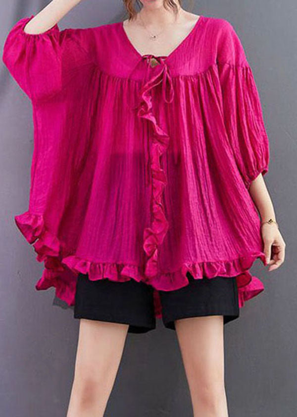 Loose Rose Ruffled Patchwork Lace Up Cotton Shirts Top Summer LY2947 - fabuloryshop