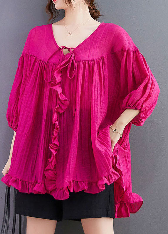 Loose Rose Ruffled Patchwork Lace Up Cotton Shirts Top Summer LY2947 - fabuloryshop