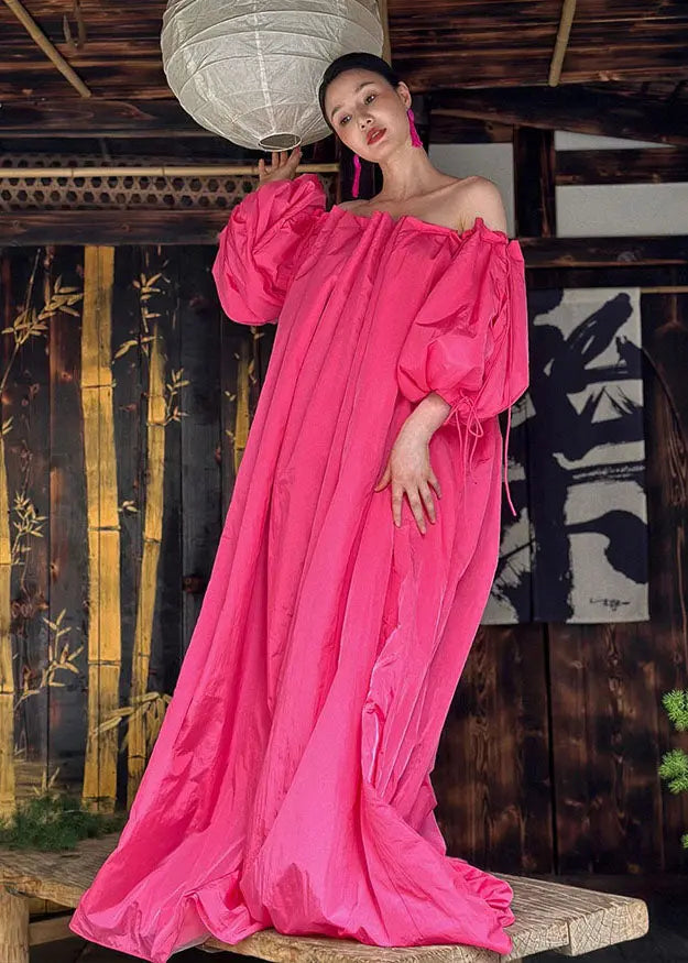 Loose Rose Slash Neck Drawstring Long Dress Long Sleeve Ada Fashion