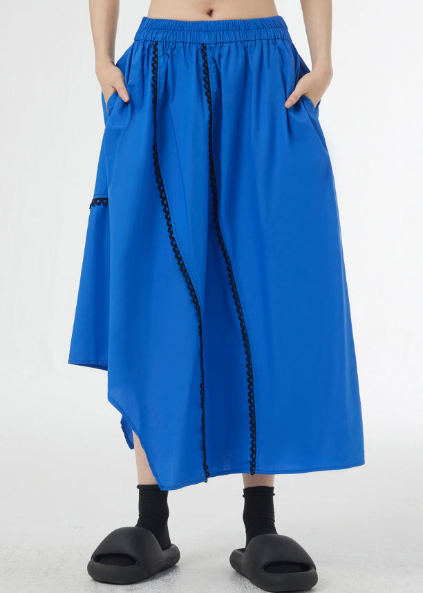 Loose Royal Blue Asymmetrical Pockets Patchwork Cotton A Line Skirts Summer Ada Fashion