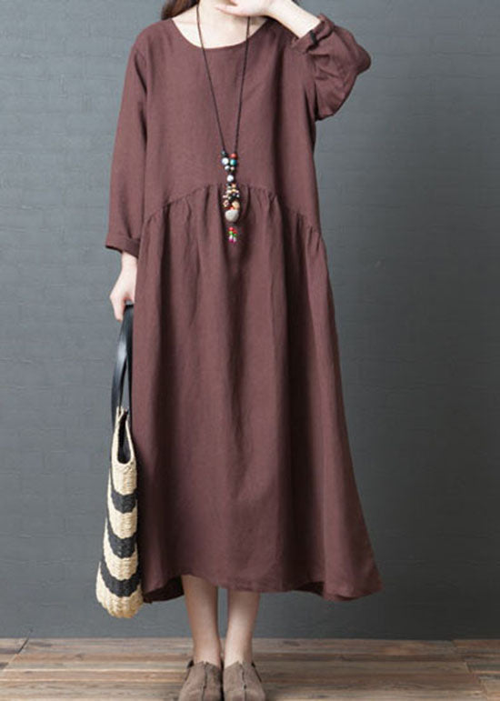 Loose Rust Red O Neck Wrinkled Patchwork Long Linen Dress Spring LC0448 - fabuloryshop