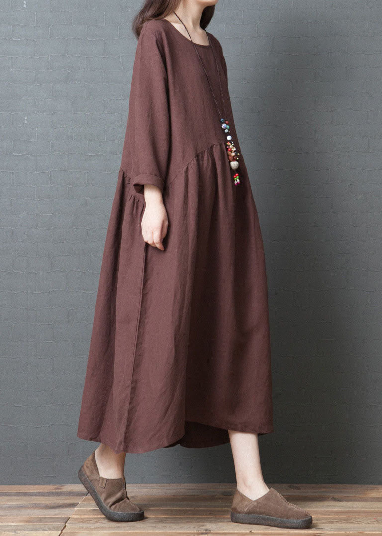 Loose Rust Red O Neck Wrinkled Patchwork Long Linen Dress Spring LC0448 - fabuloryshop