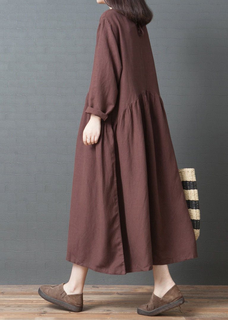 Loose Rust Red O Neck Wrinkled Patchwork Long Linen Dress Spring LC0448 - fabuloryshop