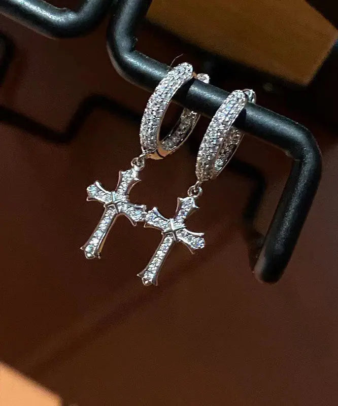 Loose Silk Sterling Silver Zircon Cross Hoop Earrings Ada Fashion