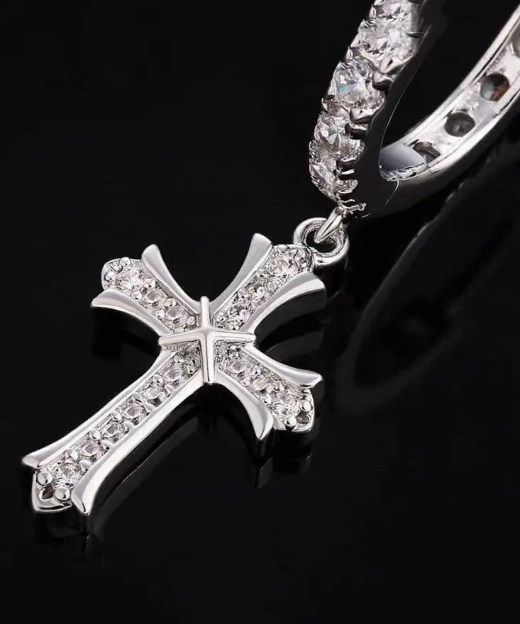 Loose Silk Sterling Silver Zircon Cross Hoop Earrings Ada Fashion