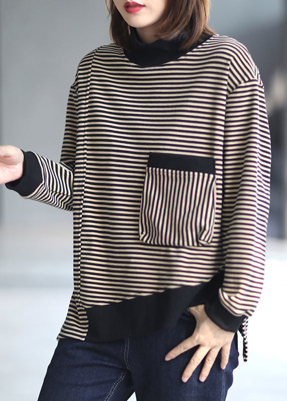 Loose Striped Low High Design Patchwork Cotton Top Fall Ada Fashion